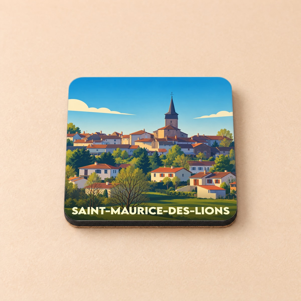 Dessous de verre souvenir de Saint-Maurice-des-Lions avec une illustration stylisée du village.