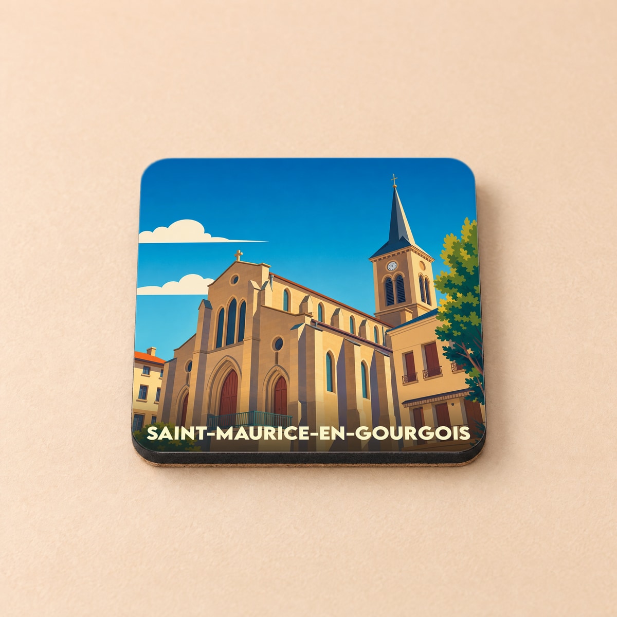Dessous de verre souvenir de Saint-Maurice-en-Gourgois avec une illustration stylisée de son église.