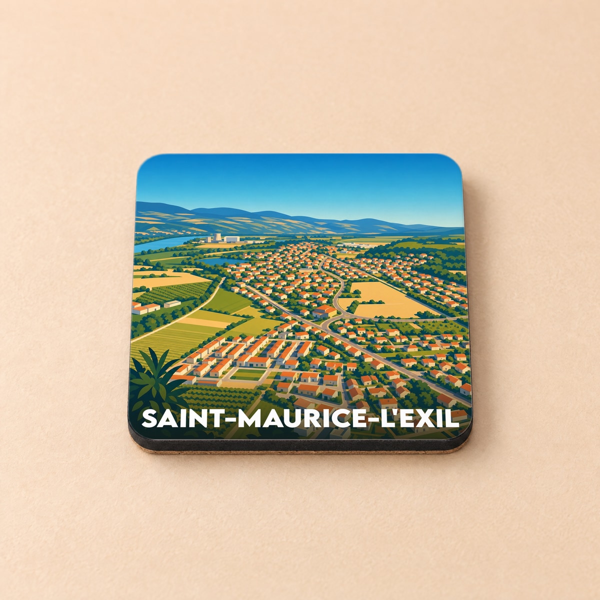 Dessous de verre souvenir de la ville de Saint-Maurice-l'Exil avec une illustration paysagère stylisée.