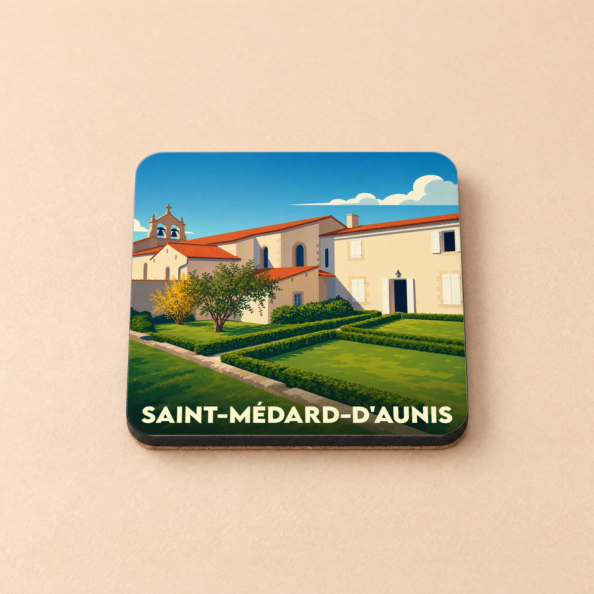 Dessous de verre souvenir de la ville de Saint-Médard-d'Aunis avec une illustration stylisée.