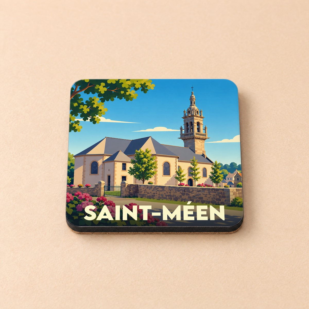 Dessous de verre souvenir de la ville de Saint-Méen avec une illustration stylisée de son église.