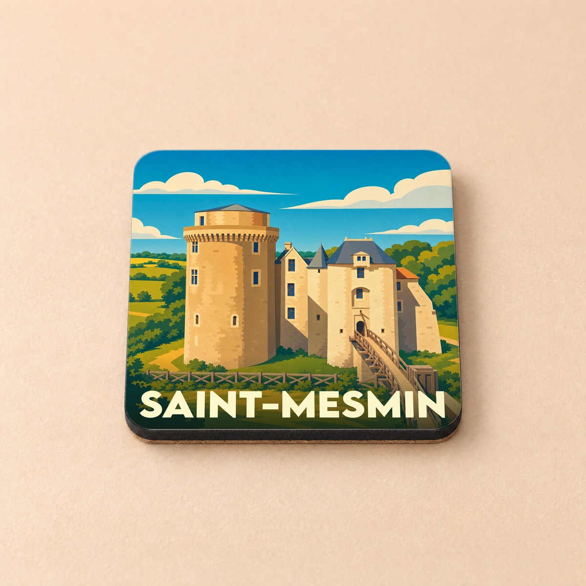 Dessous de verre souvenir de la ville de Saint-Mesmin avec une illustration stylisée de son château.