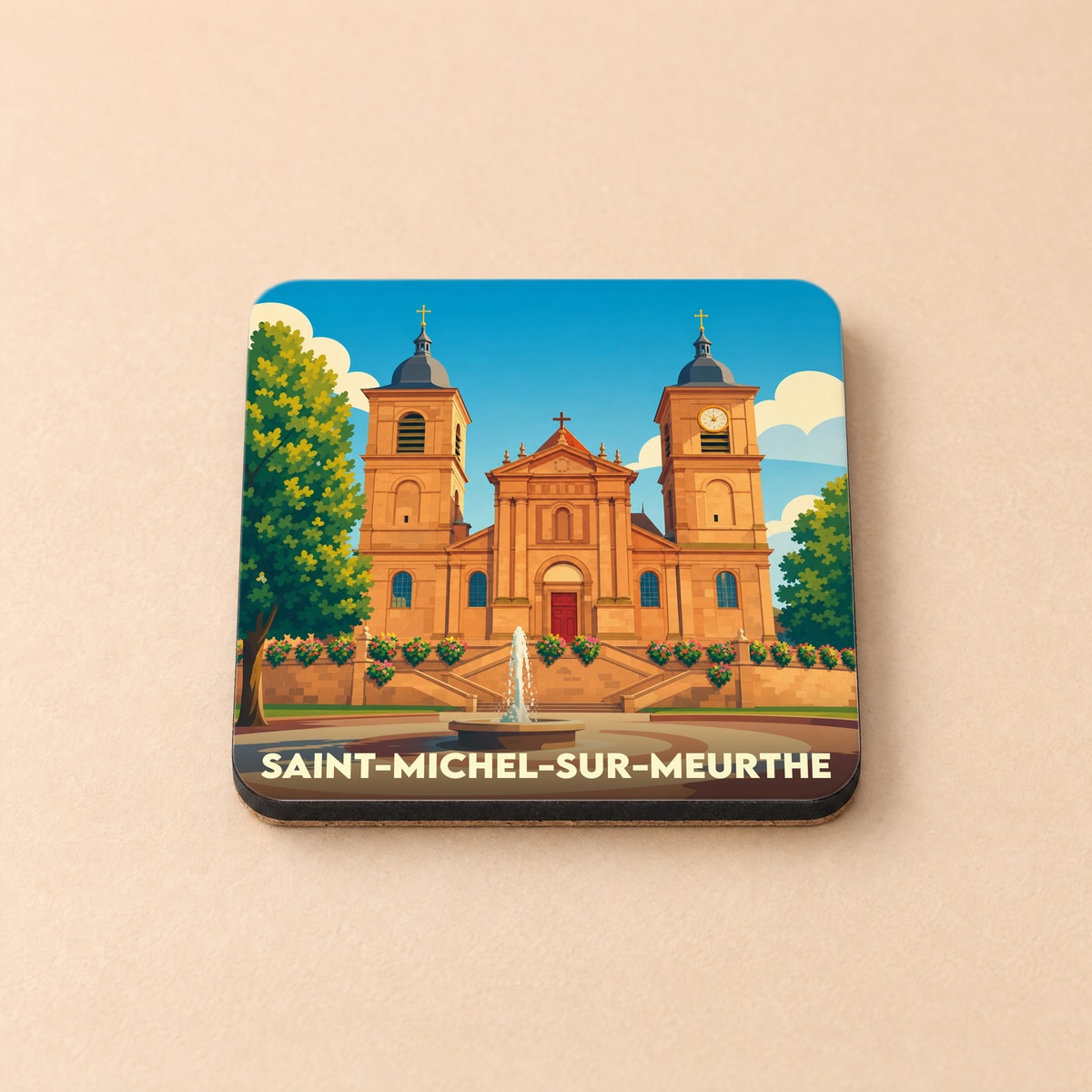 Dessous de verre souvenir de la ville de Saint-Michel-sur-Meurthe avec une illustration stylisée de son église et de sa place.