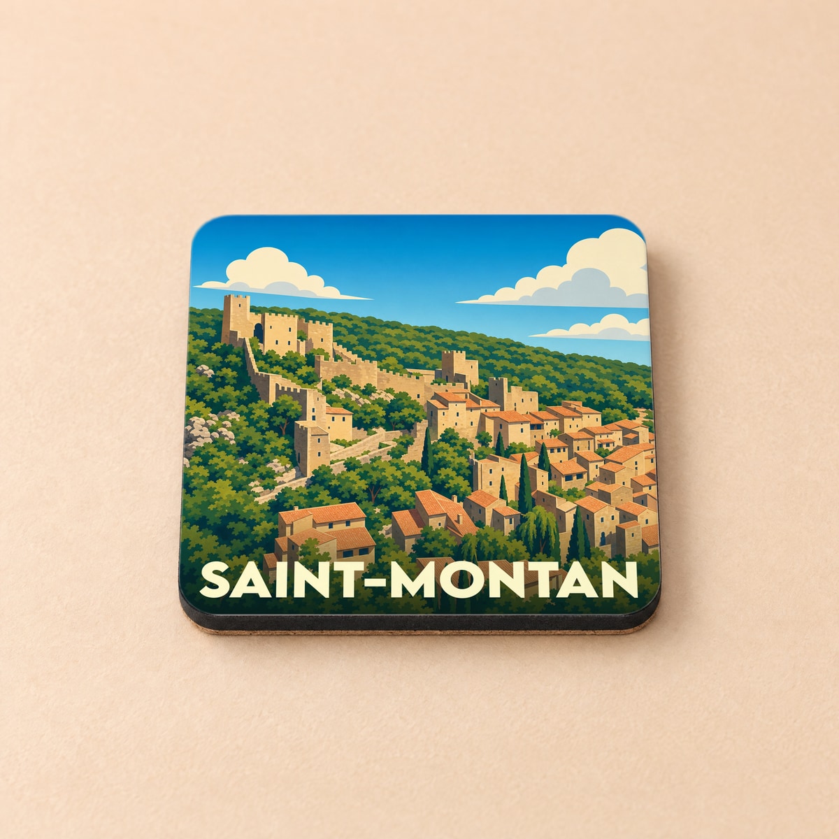 Dessous de verre souvenir de la ville de Saint-Montan avec une illustration stylisée d'un village perché.