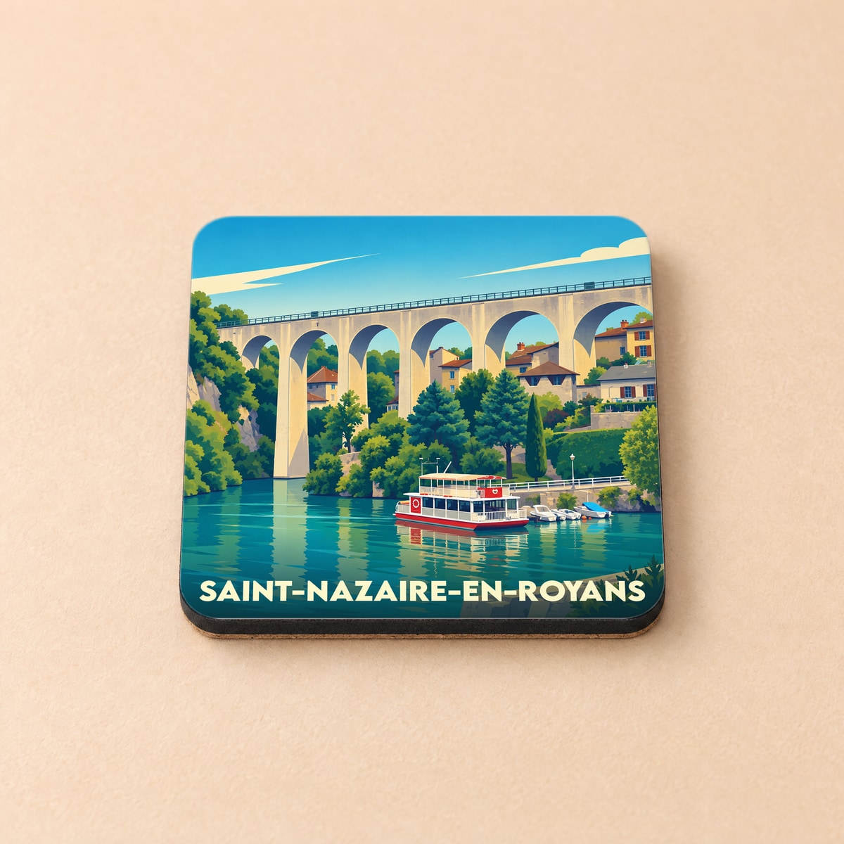 Dessous de verre souvenir de la ville de Saint-Nazaire-en-Royans avec une illustration stylisée de son viaduc et d'un bateau sur l'eau.