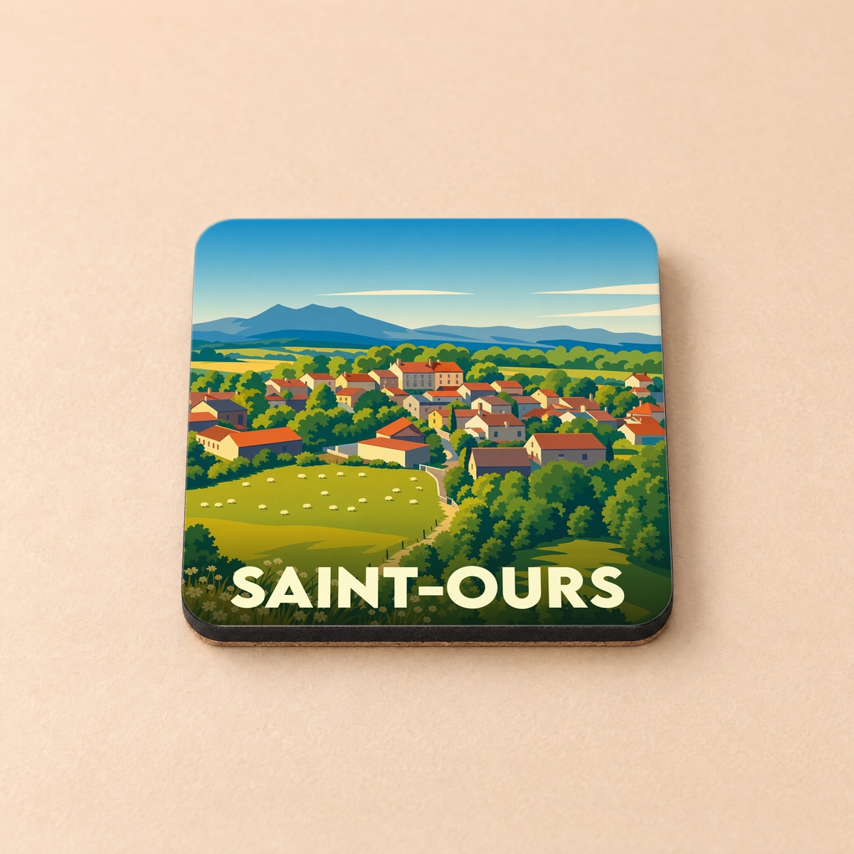 Dessous de verre souvenir de la ville de Saint-Ours avec une illustration stylisée d'un paysage de campagne.