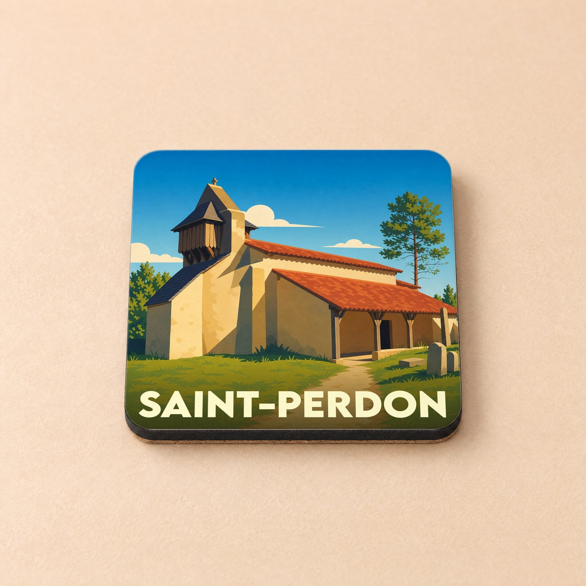 Dessous de verre souvenir de la ville de Saint-Perdon avec une illustration stylisée de son église.