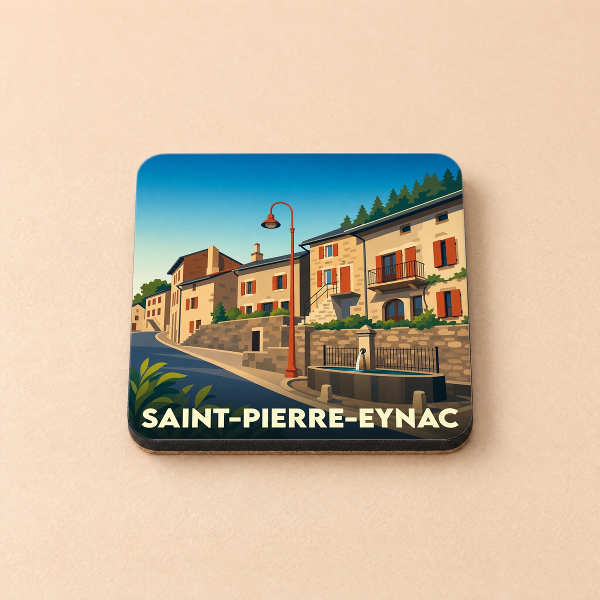 Dessous de verre souvenir de Saint-Pierre-Eynac avec une illustration stylisée du village.