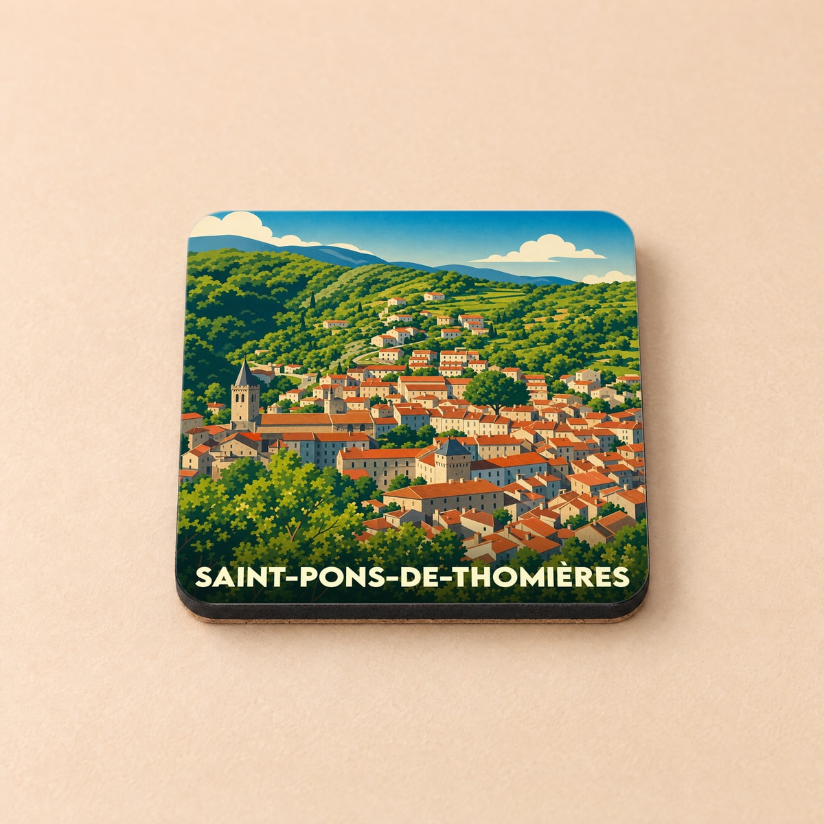 Dessous de verre souvenir de la ville de Saint-Pons-de-Thomières avec une illustration stylisée.