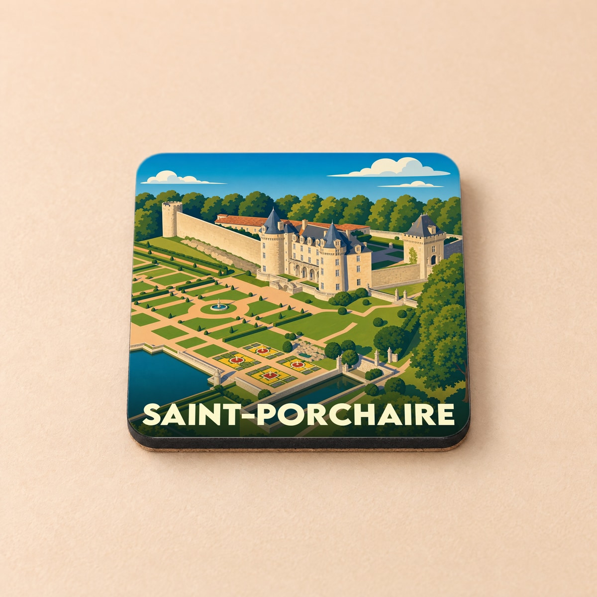 Dessous de verre souvenir de la ville de Saint-Porchaire avec une illustration stylisée du château de la Roche-Courbon et de ses jardins.