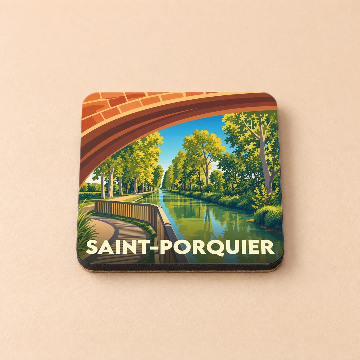 Dessous de verre souvenir de la ville de Saint-Porquier avec une illustration stylisée du canal et de son pont.