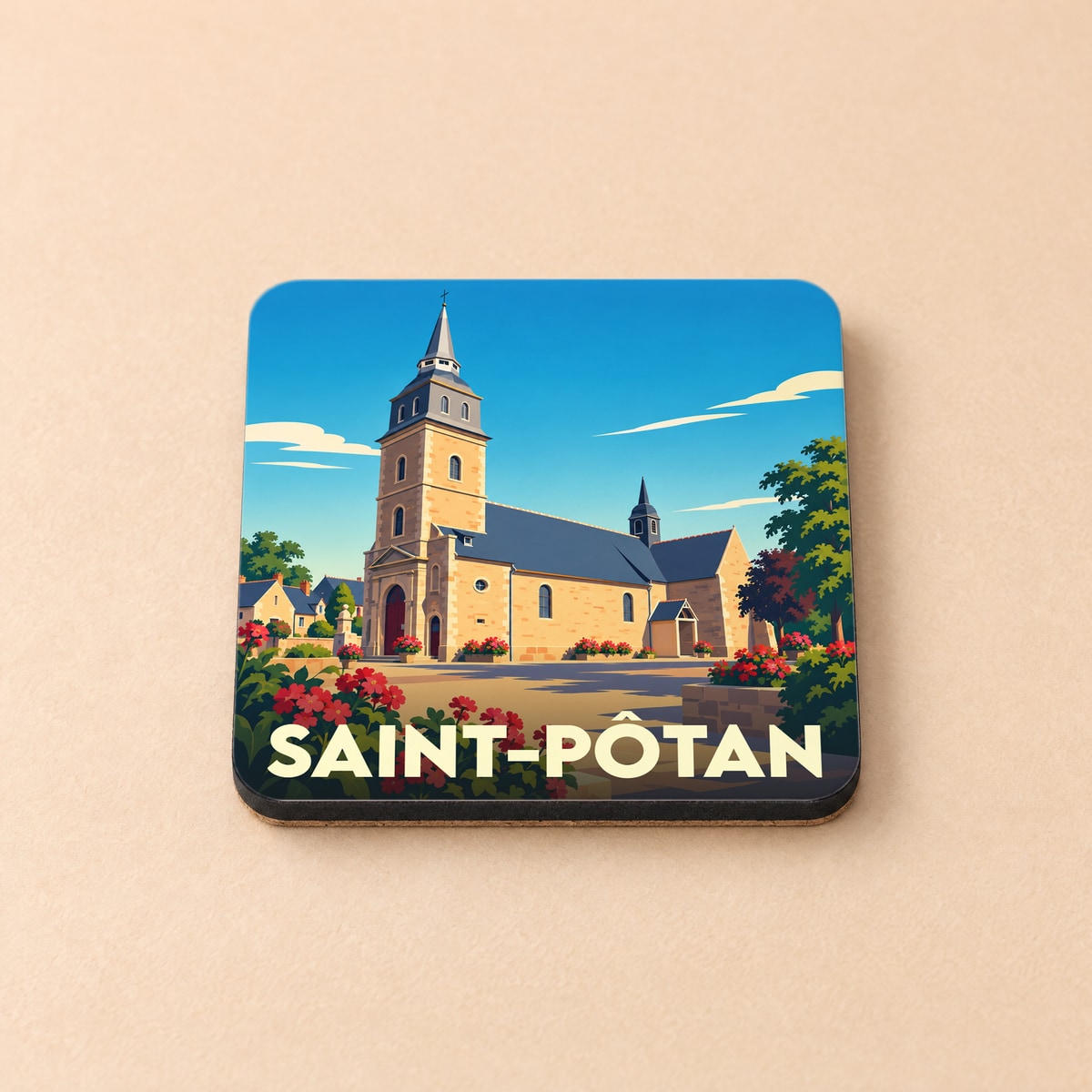Dessous de verre souvenir de la ville de Saint-Pôtan avec une illustration stylisée de son église.