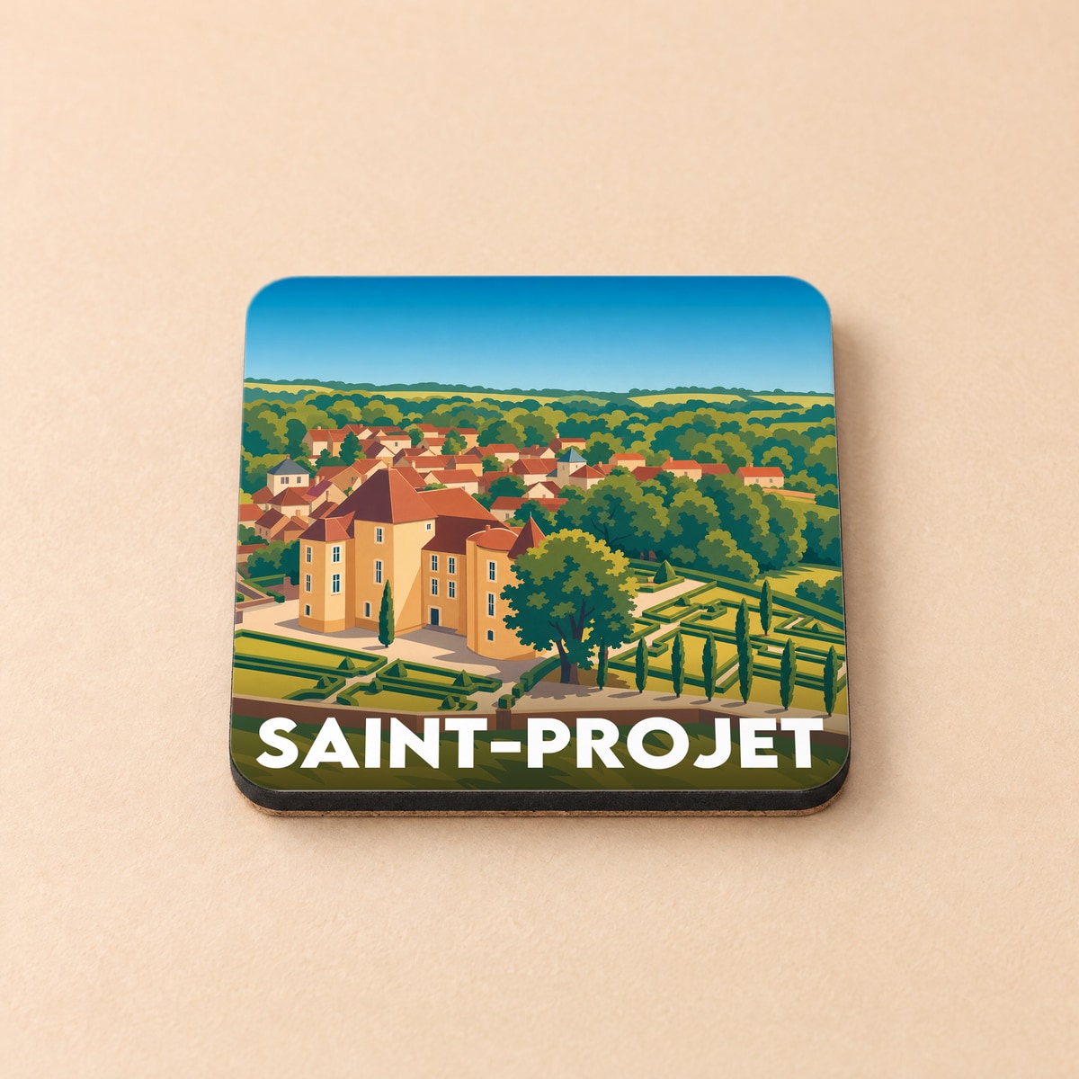 Dessous de verre souvenir de la ville de Saint-Projet avec une illustration stylisée.
