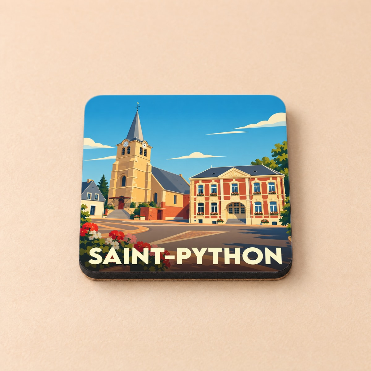 Dessous de verre souvenir de la ville de Saint-Python avec une illustration stylisée de son église et de sa mairie.