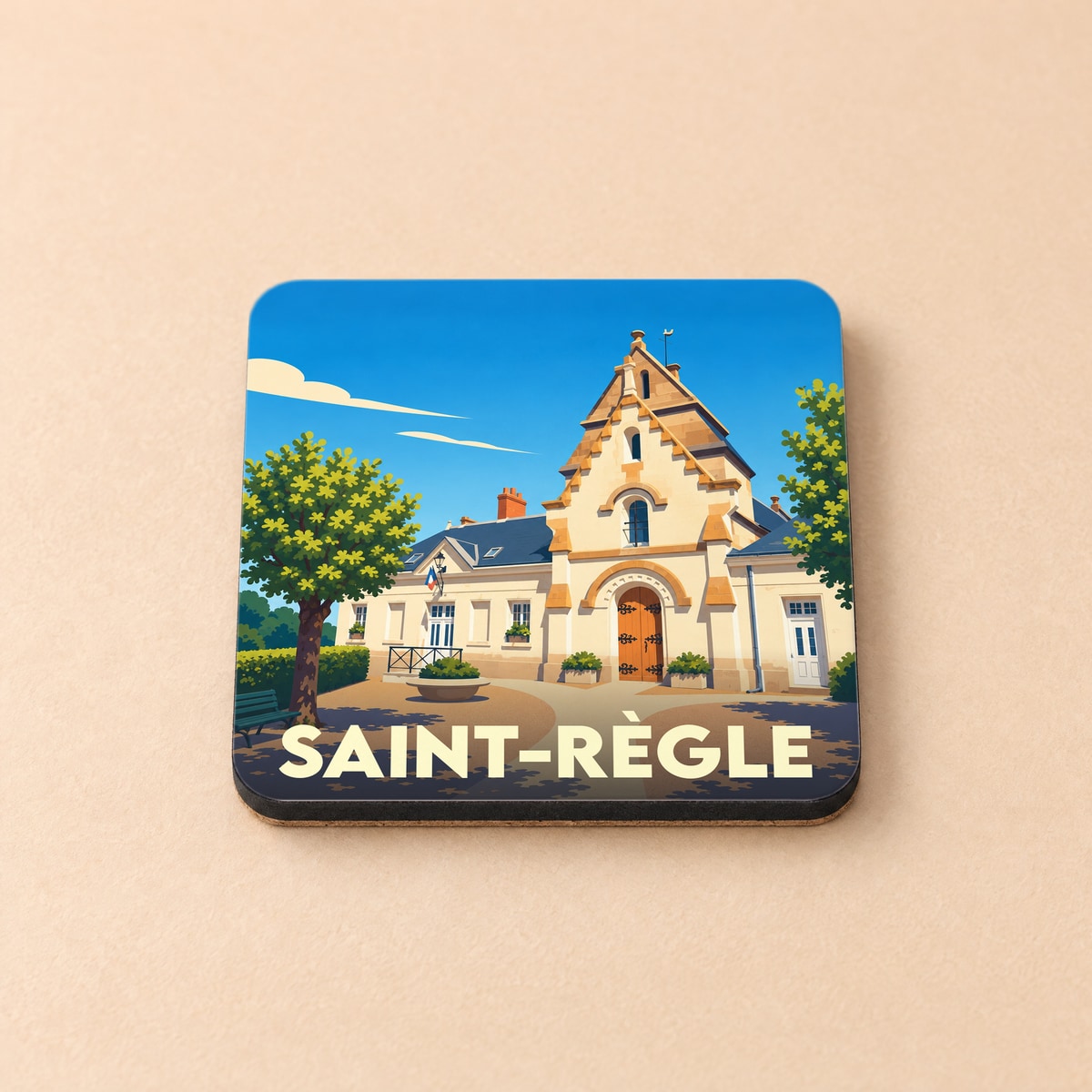 Dessous de verre souvenir de la ville de Saint-Règle avec une illustration stylisée de son architecture.