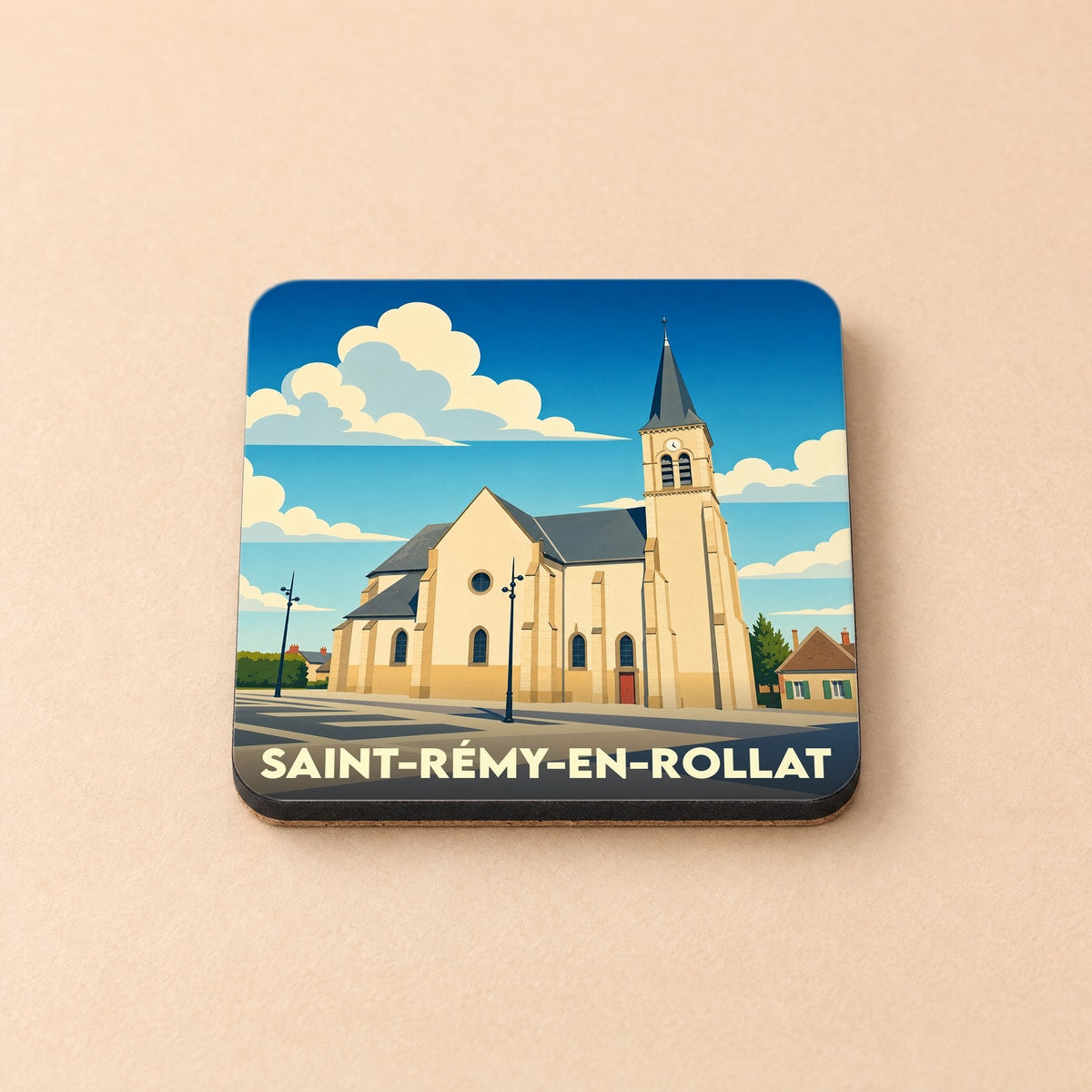 Dessous de verre souvenir de la ville de Saint-Rémy-en-Rollat avec une illustration stylisée de son église.