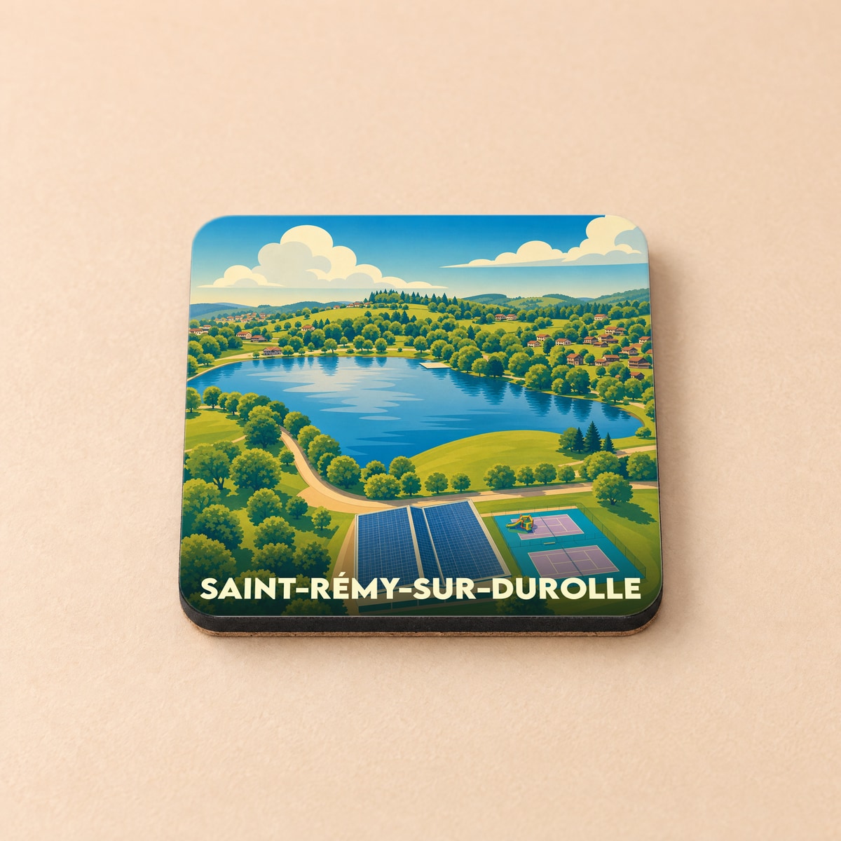 Dessous de verre souvenir de la ville de Saint-Rémy-sur-Durolle avec une illustration stylisée de son lac et de ses paysages.