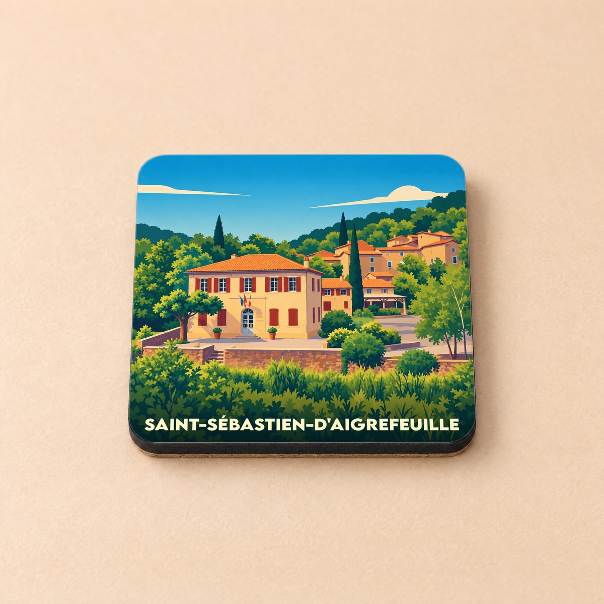 Dessous de verre souvenir de la ville de Saint-Sébastien-d'Aigrefeuille avec une illustration stylisée de son paysage provençal.