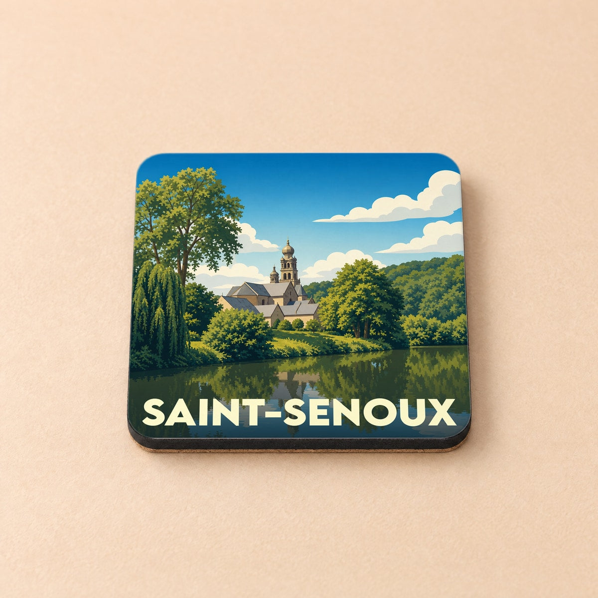 Dessous de verre souvenir de la ville de Saint-Senoux avec une illustration stylisée.