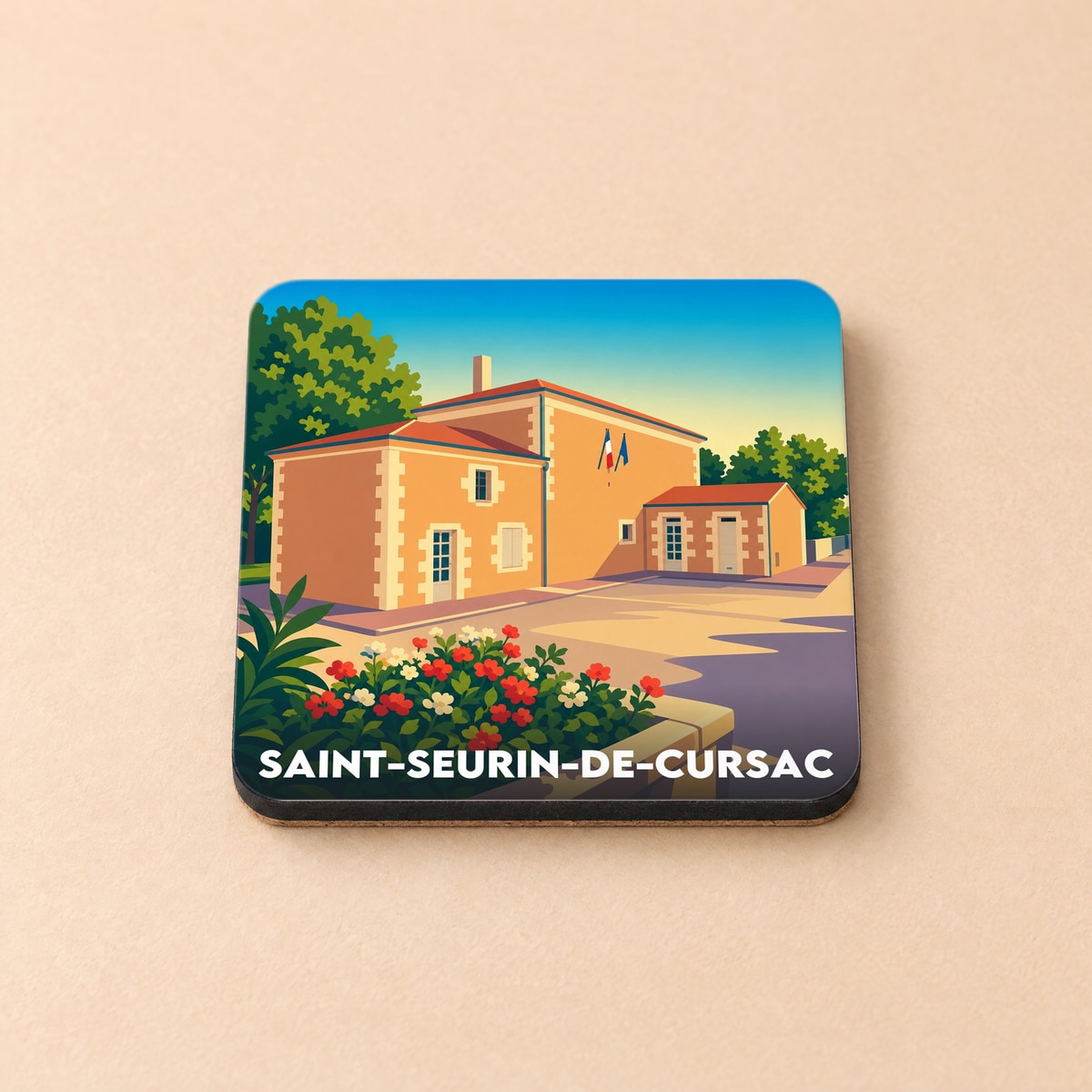 Dessous de verre souvenir de la ville de Saint-Seurin-de-Cursac avec une illustration stylisée.