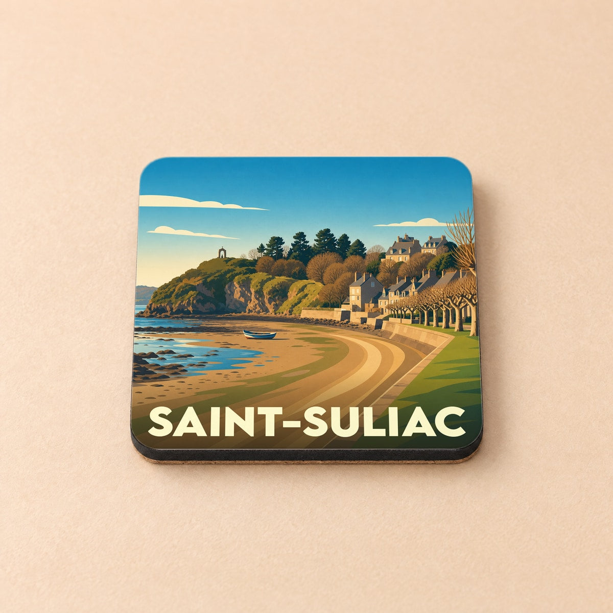 Dessous de verre souvenir de la ville de Saint-Suliac illustré d'une vue stylisée du bord de mer.