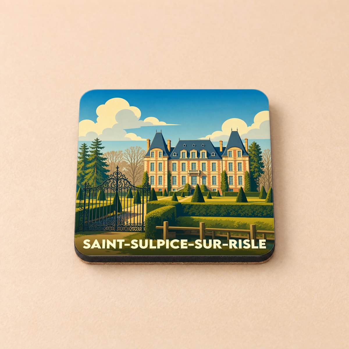 Dessous de verre souvenir de la ville de Saint-Sulpice-sur-Risle avec une illustration stylisée d'un château.