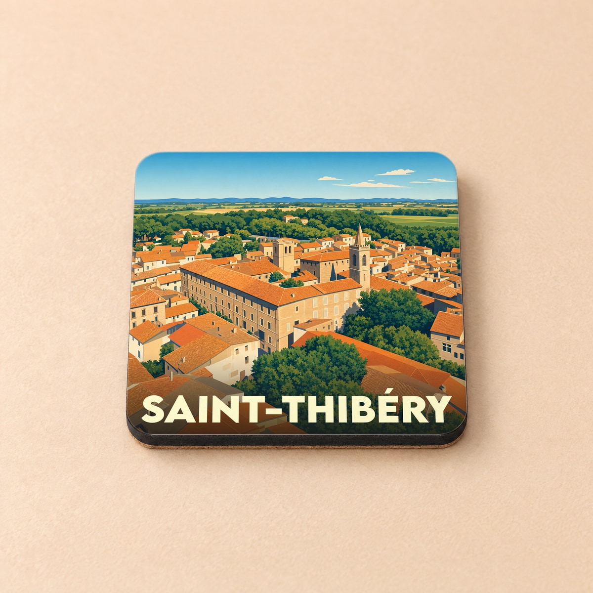 Dessous de verre souvenir de la ville de Saint-Thibéry avec une illustration stylisée.