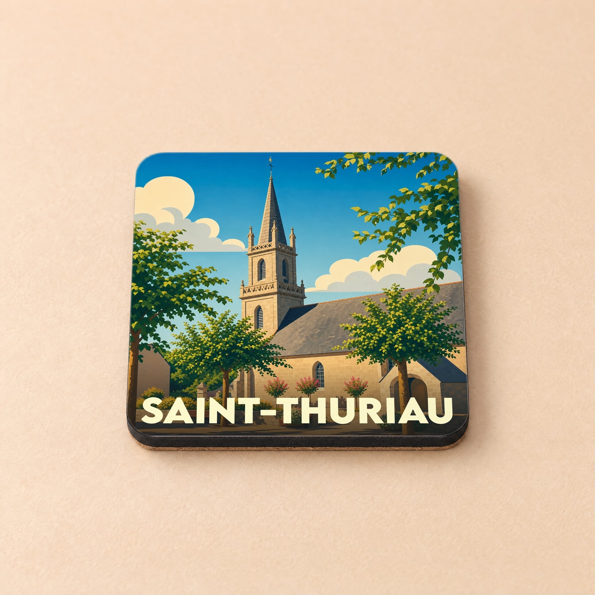 Dessous de verre souvenir de la ville de Saint-Thuriau avec une illustration stylisée de son église.