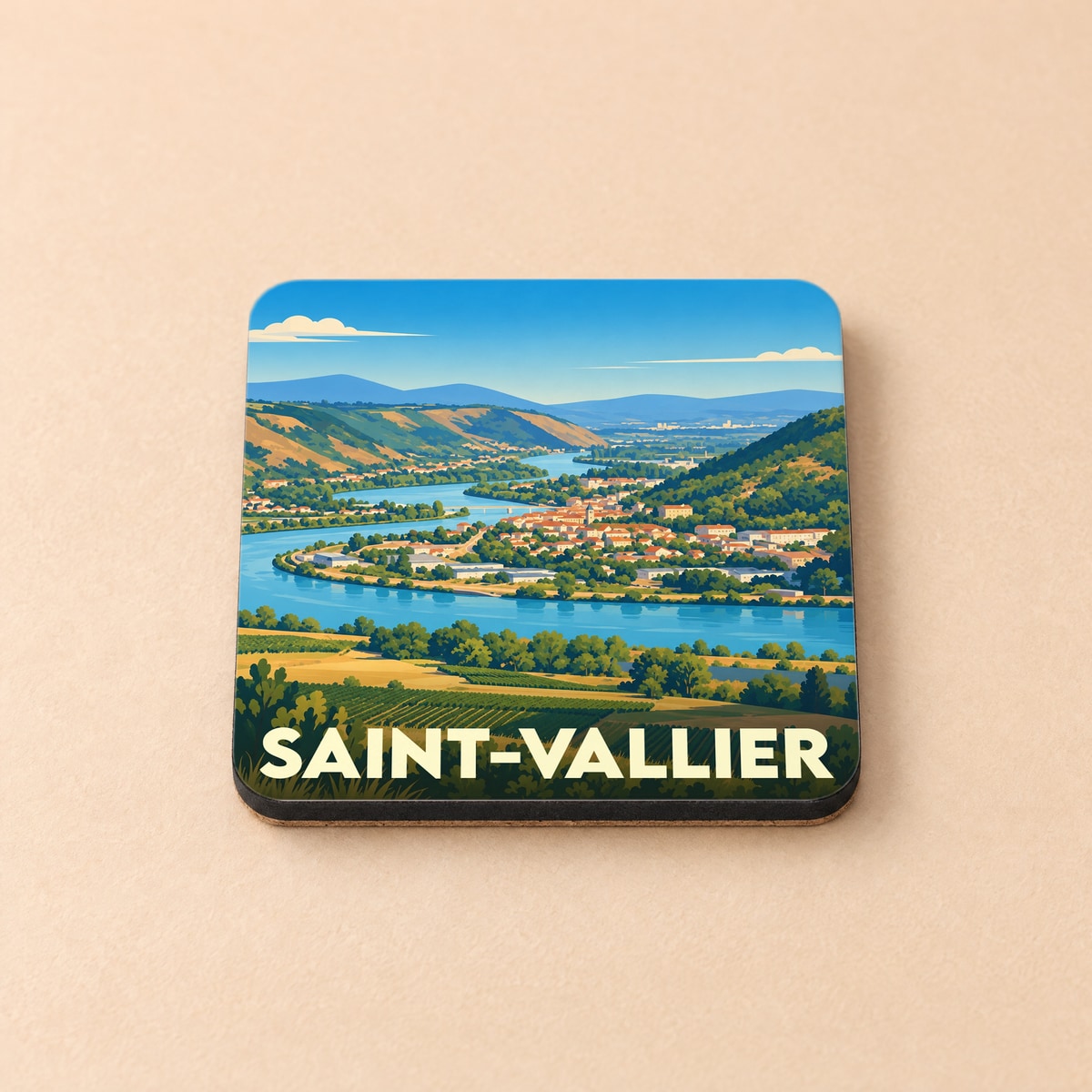 Dessous de verre souvenir de la ville de Saint-Vallier avec une illustration stylisée d'un paysage fluvial.