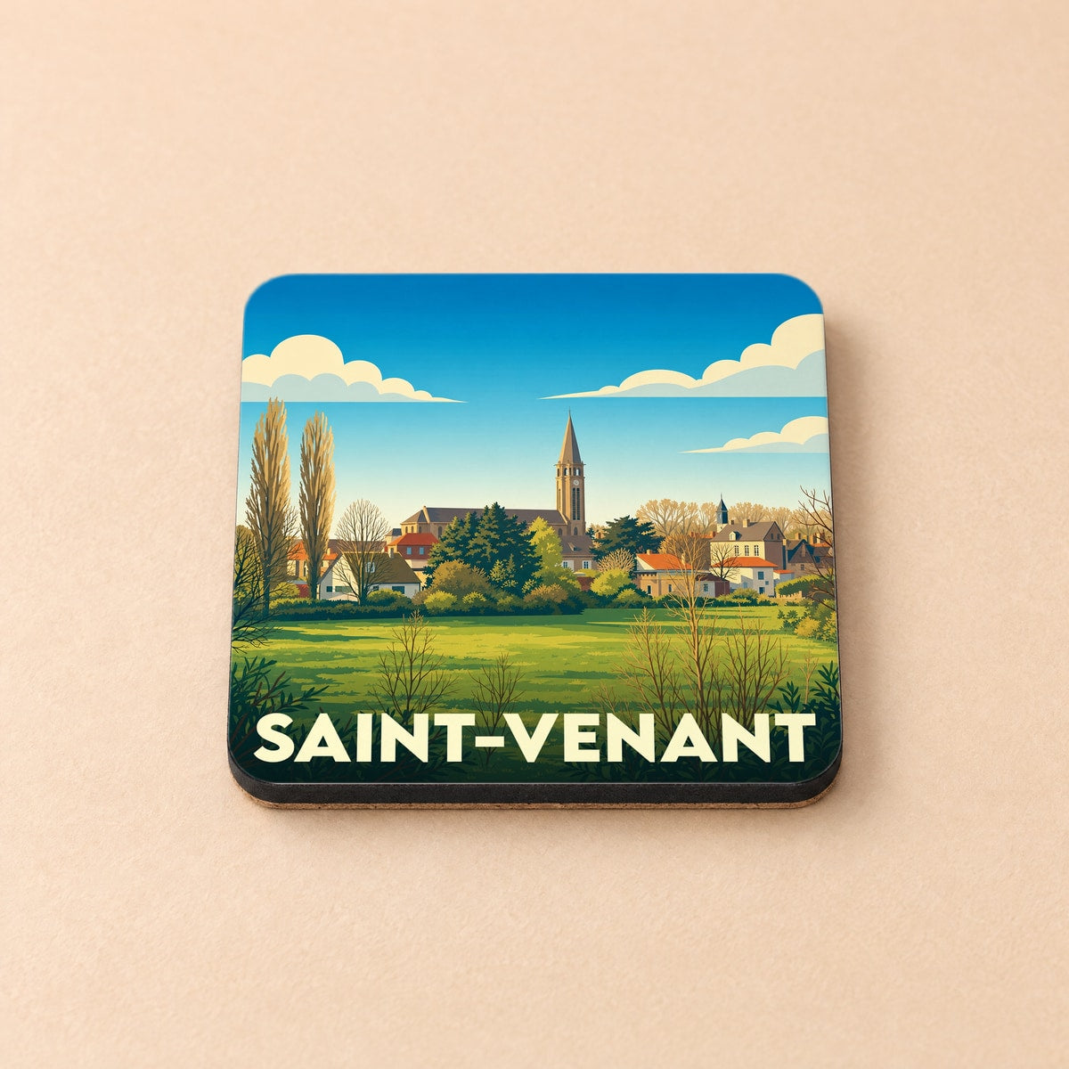 Dessous de verre souvenir de la ville de Saint-Venant avec une illustration stylisée.