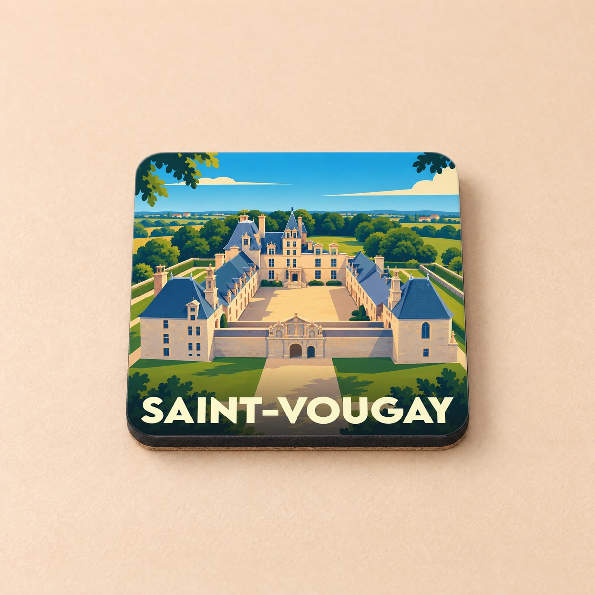 Dessous de verre souvenir de la ville de Saint-Vougay avec une illustration stylisée du château de Kerjean.