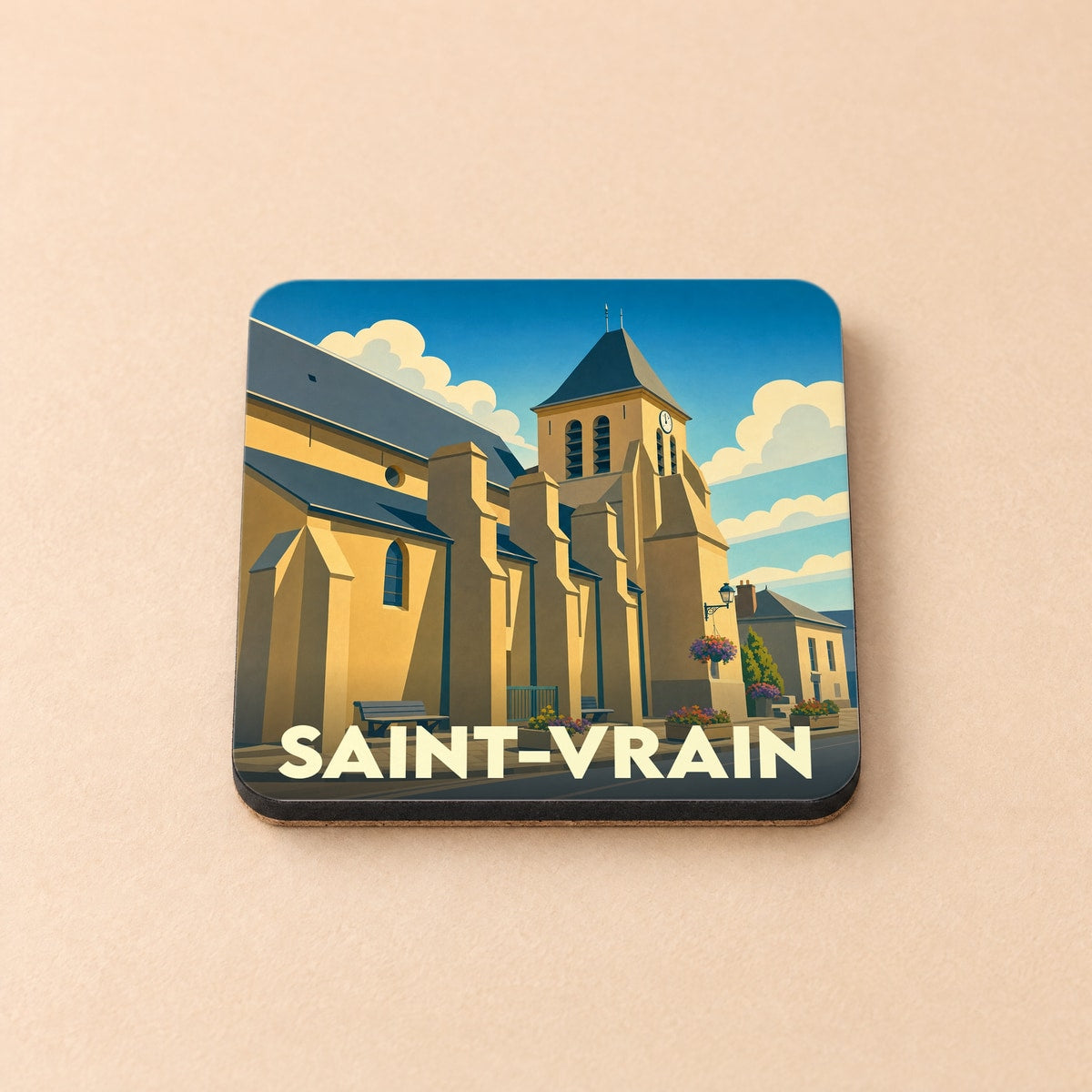 Dessous de verre souvenir de la ville de Saint-Vrain avec une illustration stylisée de son église.
