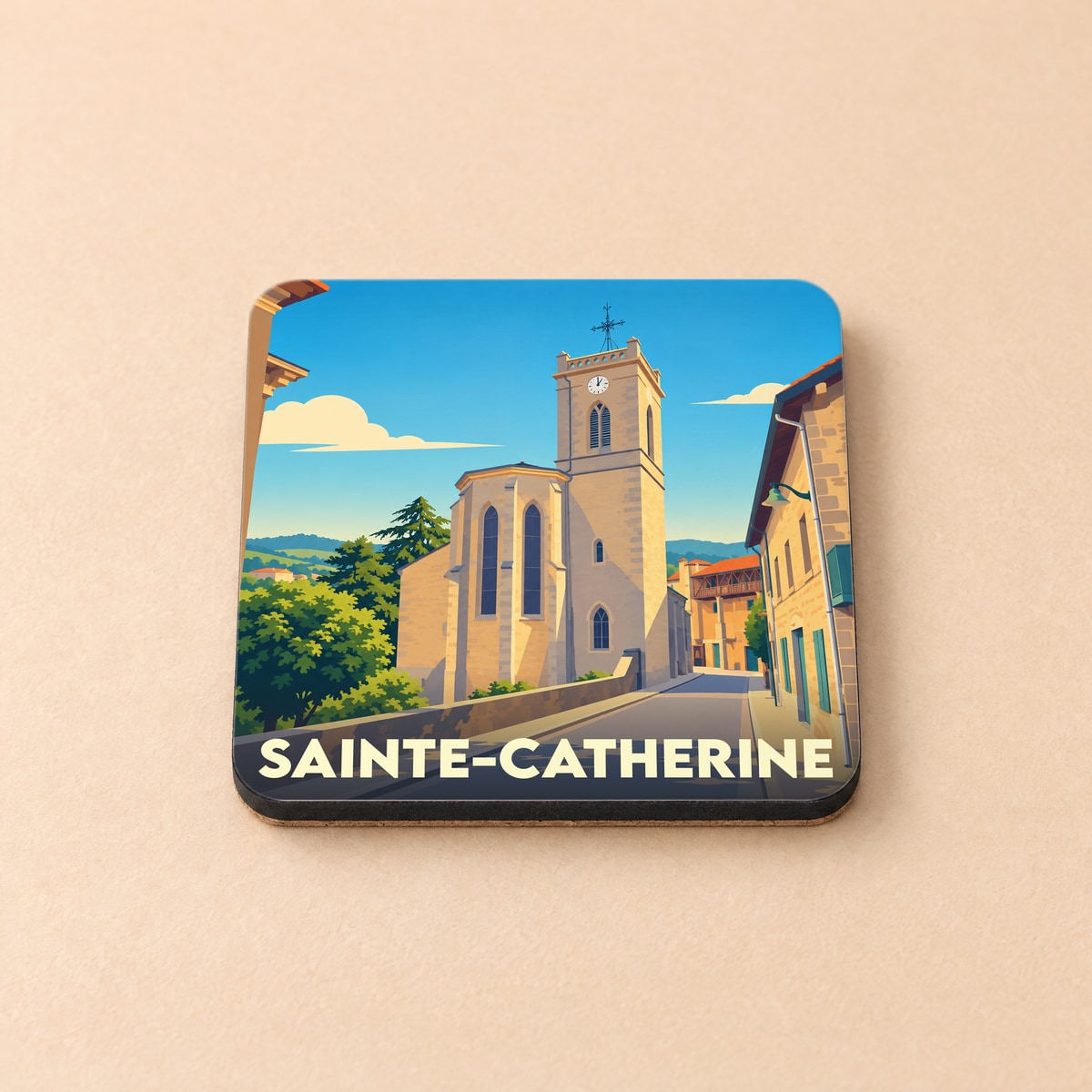 Dessous de verre souvenir de la ville de Sainte-Catherine avec une illustration stylisée de son église.