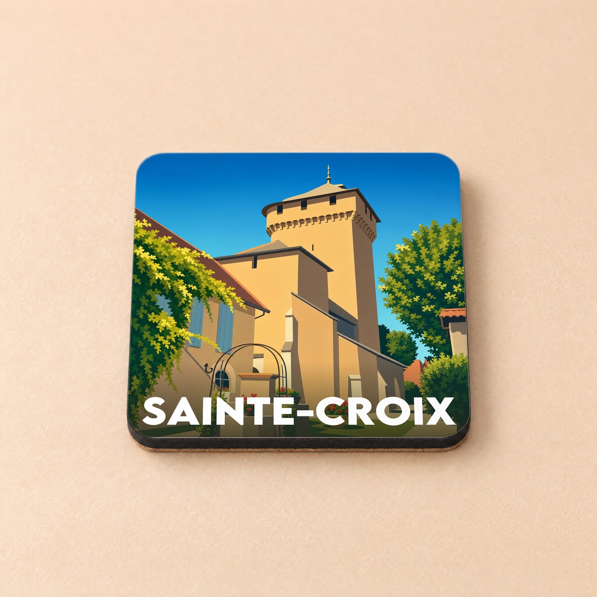 Dessous de verre souvenir de la ville de Sainte-Croix avec une illustration stylisée d'un bâtiment historique.