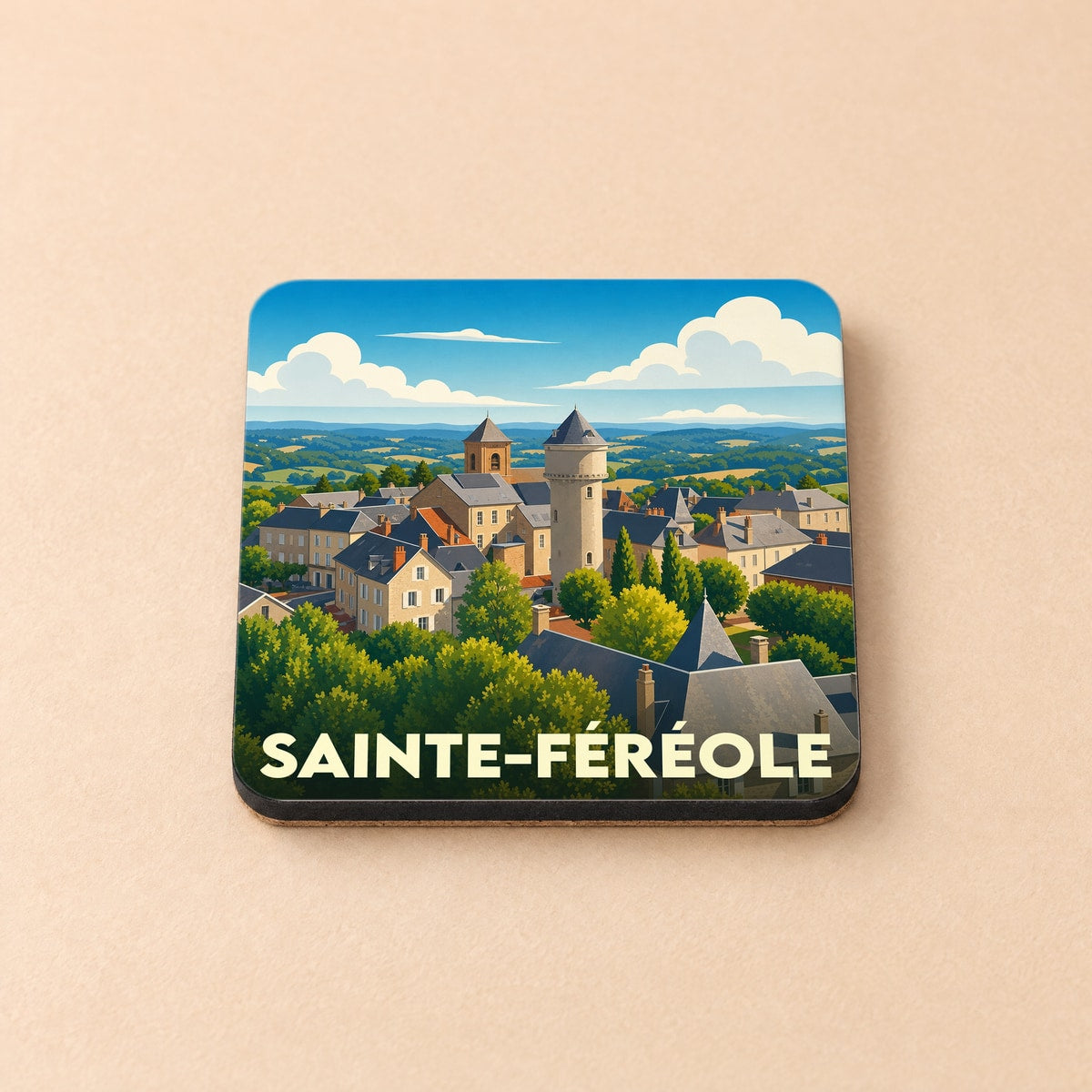 Dessous de verre souvenir de la ville de Sainte-Féréole avec une illustration stylisée.