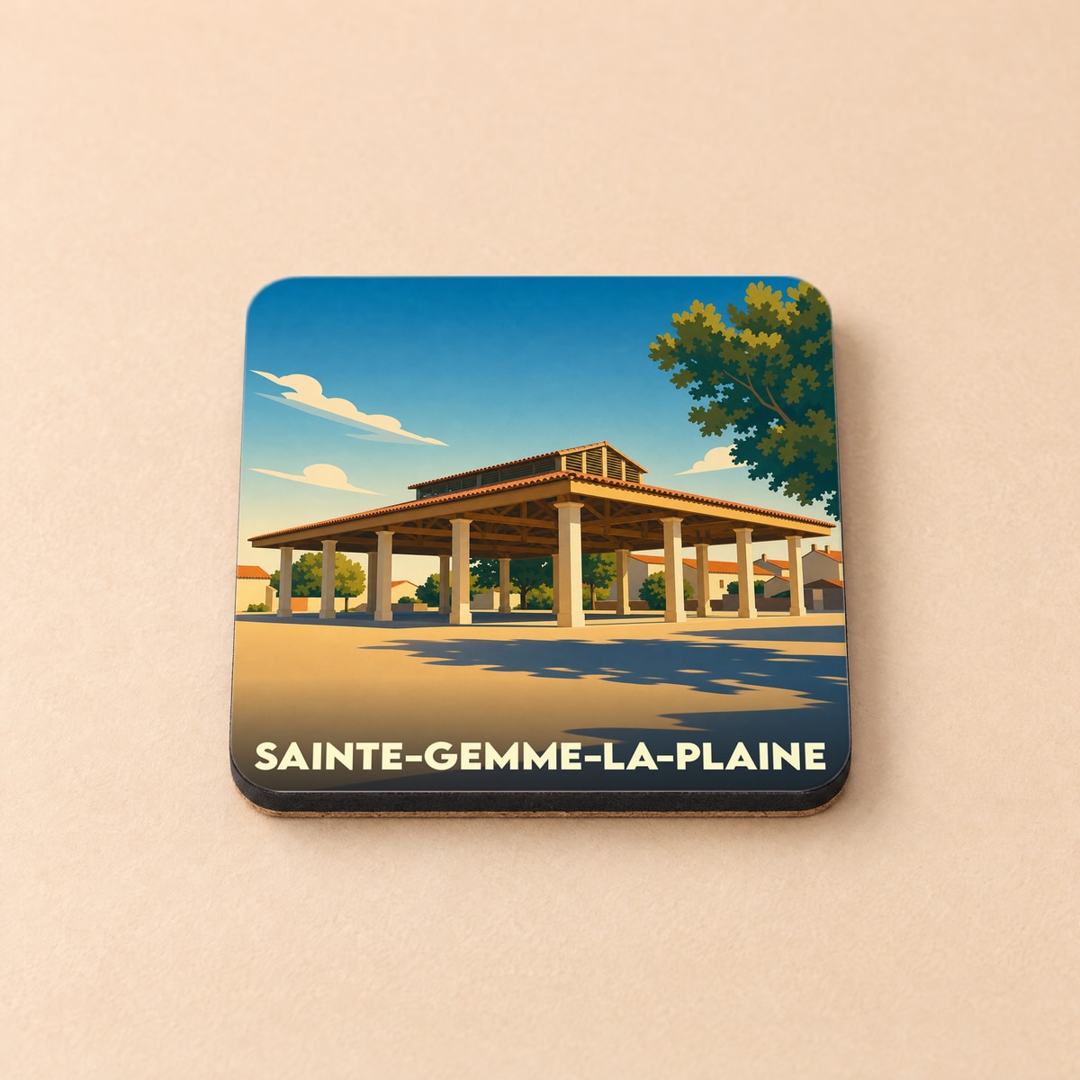 Dessous de verre souvenir de la ville de Sainte-Gemme-la-Plaine avec une illustration stylisée d'une halle couverte.