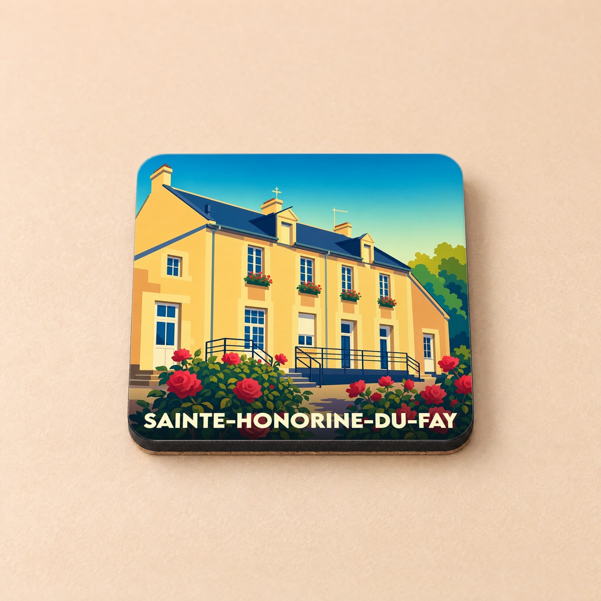 Dessous de verre souvenir de la ville de Sainte-Honorine-du-Fay avec une illustration stylisée d'une maison fleurie.