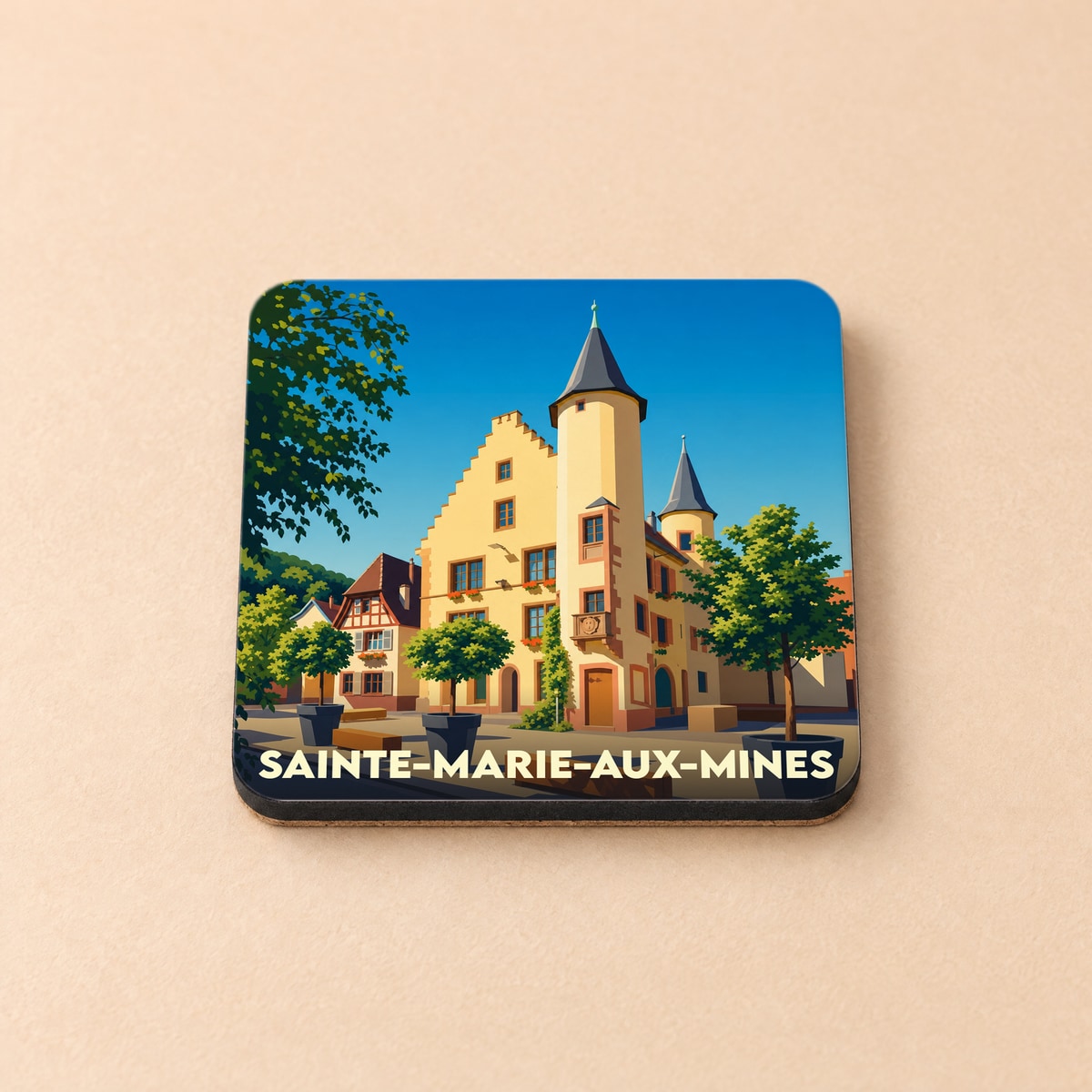Dessous de verre souvenir de la ville de Sainte-Marie-aux-Mines avec une illustration stylisée d'un bâtiment historique.