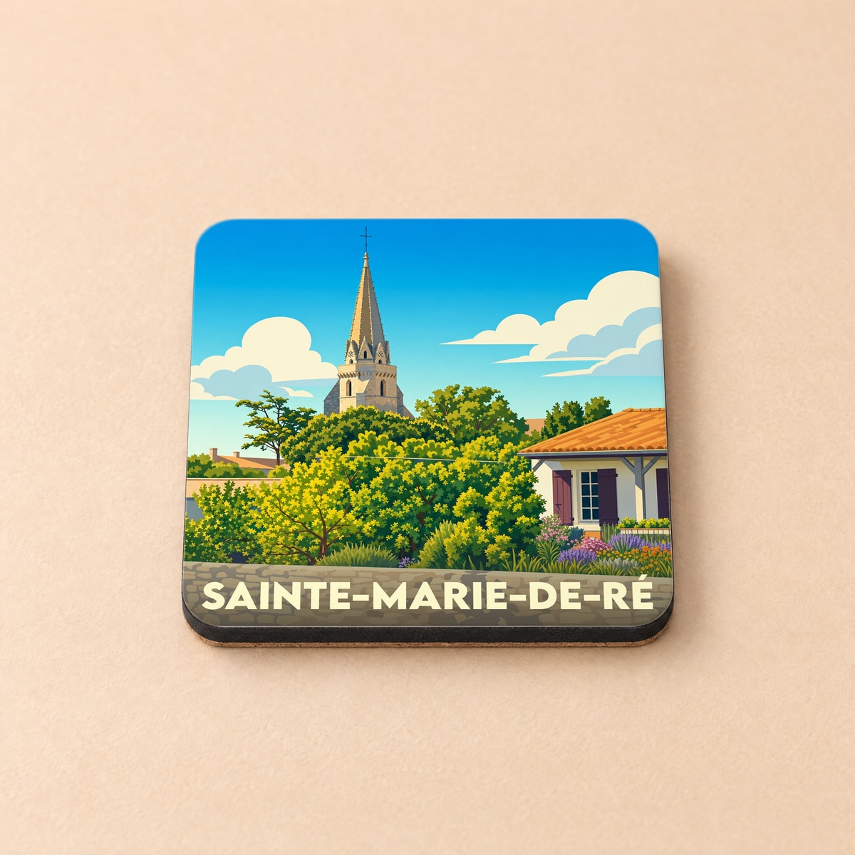 Dessous de verre souvenir de la ville de Sainte-Marie-de-Ré avec une illustration stylisée.