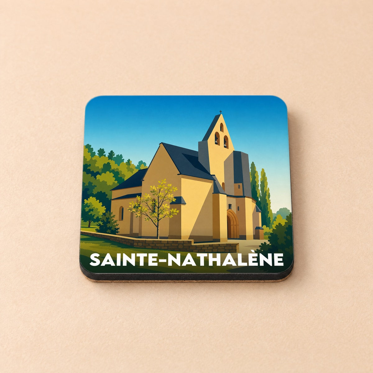 Dessous de verre souvenir de la ville de Sainte-Nathalène avec une illustration stylisée de son église.