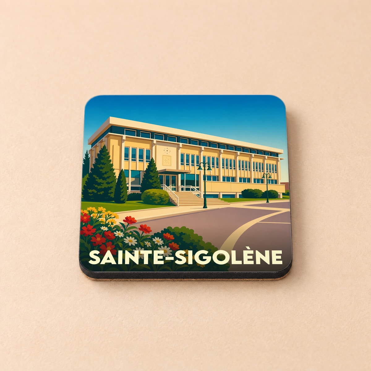 Dessous de verre souvenir de la ville de Sainte-Sigolène avec une illustration stylisée de sa mairie.