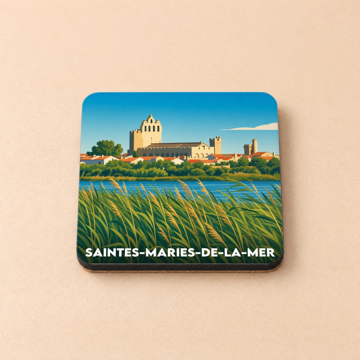 Dessous de verre souvenir de Saintes-Maries-de-la-Mer illustré par une vue stylisée de l'église fortifiée bordée de roseaux.