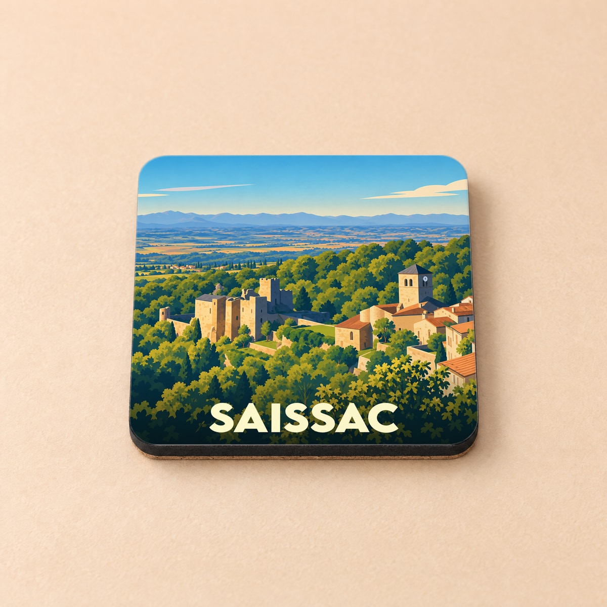 Dessous de verre souvenir de la ville de Saissac avec une illustration stylisée de son château et de son paysage.