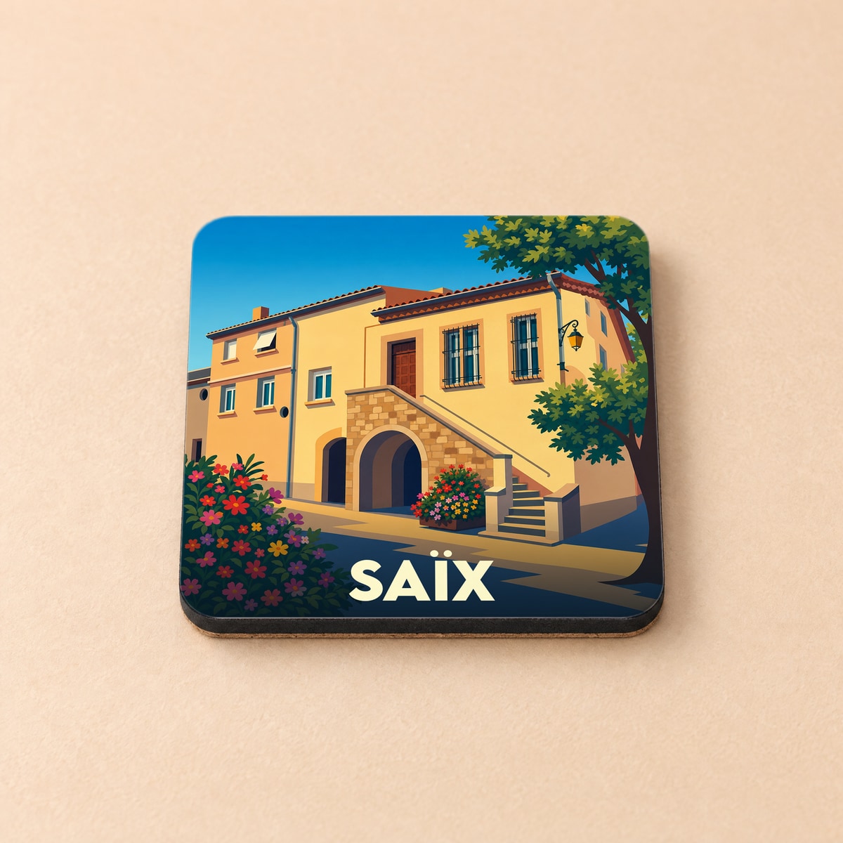 Dessous de verre souvenir de la ville de Saïx avec une illustration stylisée d'une maison de village ensoleillée.