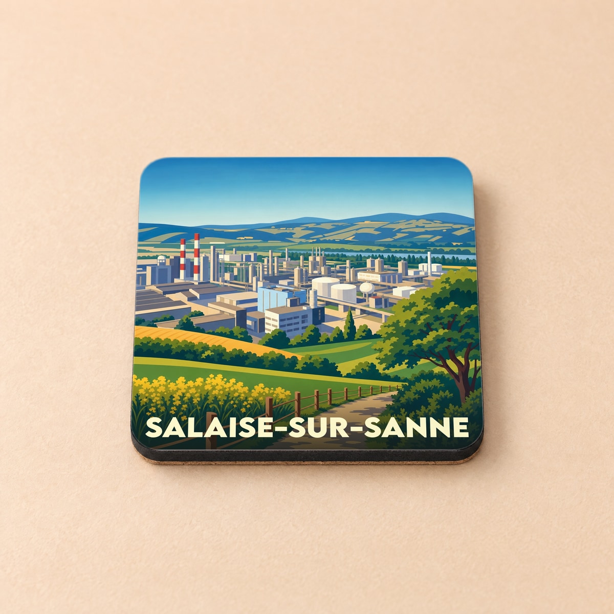 Dessous de verre souvenir de Salaise-sur-Sanne arborant une illustration stylisée de son paysage industriel et verdoyant.
