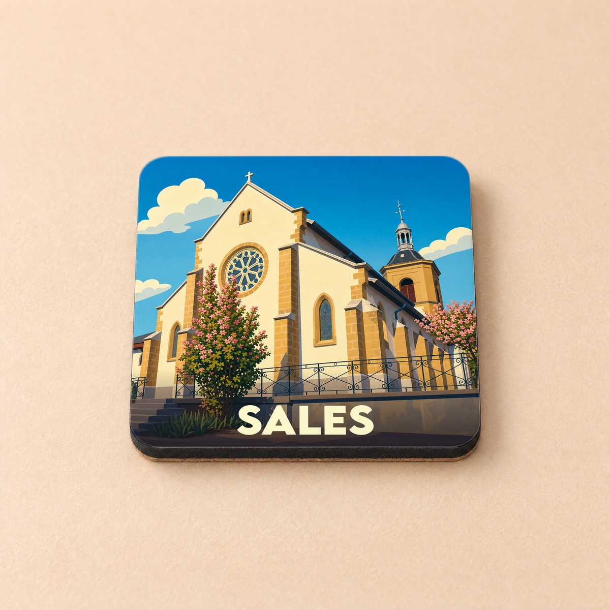 Dessous de verre souvenir de la ville de Sales avec une illustration stylisée de son église.