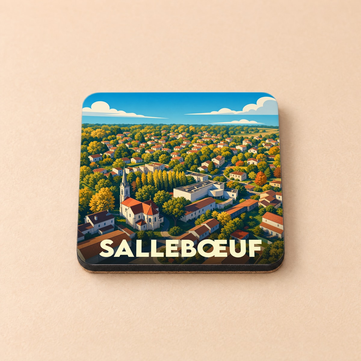 Dessous de verre souvenir de la ville de Sallebœuf avec une illustration stylisée et colorée.