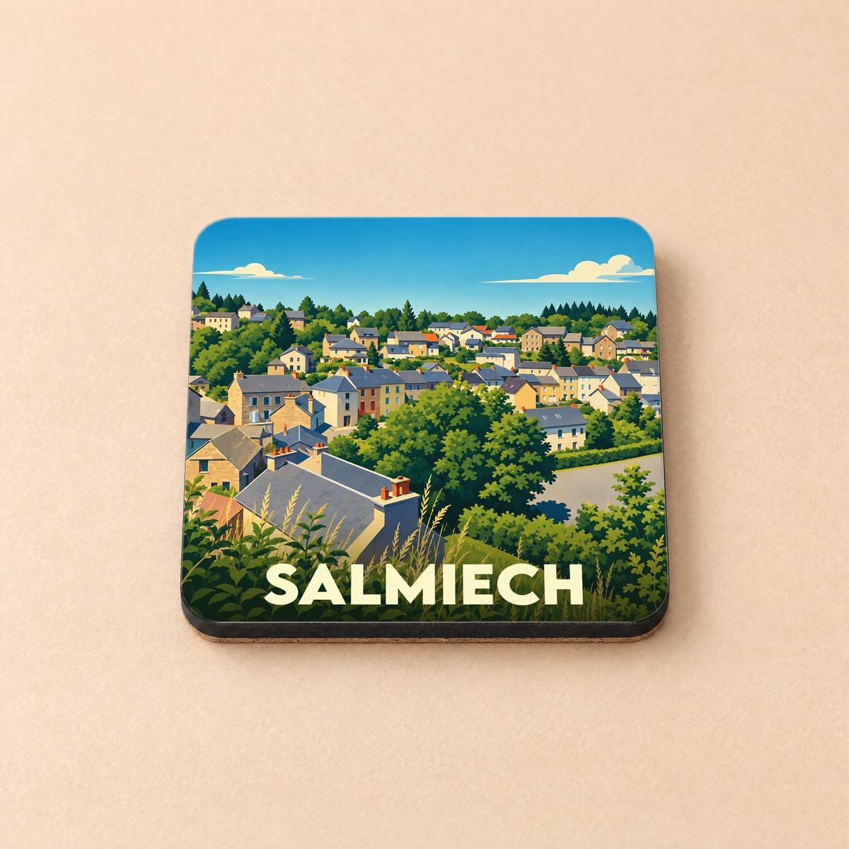 Dessous de verre souvenir de la ville de Salmiech illustré d'un paysage urbain coloré et verdoyant.