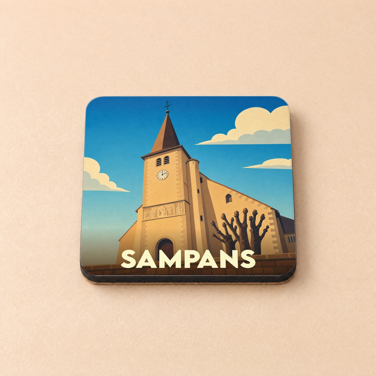 Dessous de verre souvenir de la ville de Sampans avec une illustration stylisée de son église.