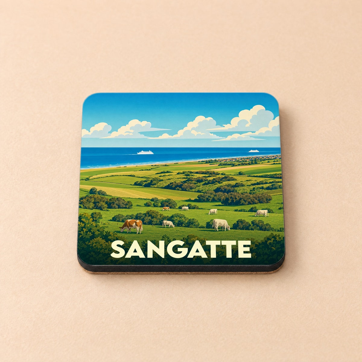 Dessous de verre souvenir de la ville de Sangatte avec une illustration stylisée d'un paysage côtier et de vaches au pâturage.